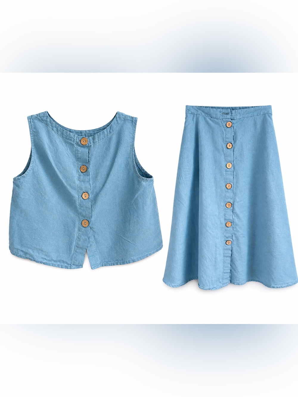Grae Cove Linen Cotton Blend Matching Top & Skirt Set XS Blue Coastal